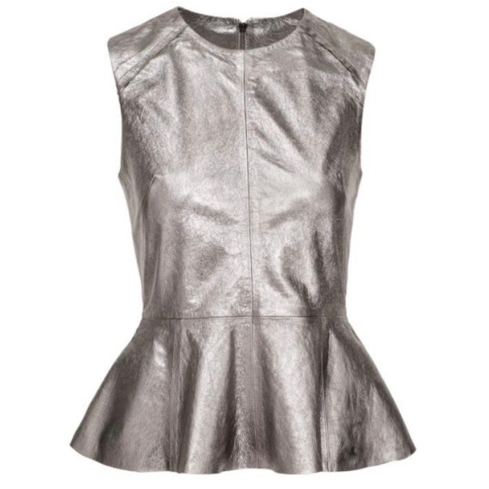 H&M Sleeveles Silver Leather Suede Peplum Top Zipper Sz XS 34/4 Limited Edition